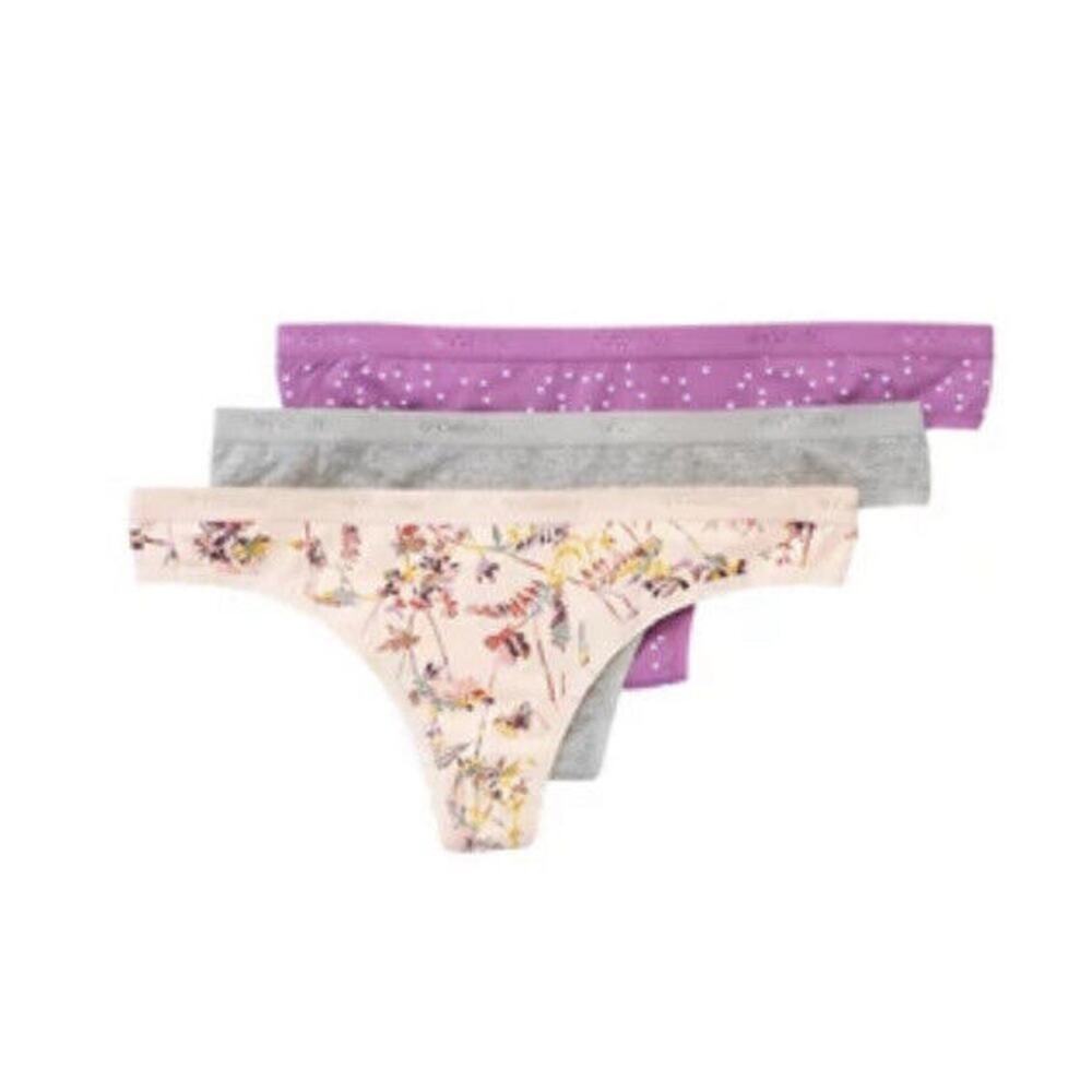 Columbia 3 Pack Thong Panties 4-Way Stretch Women's 2XL Floral/Grey/Purple Dot
